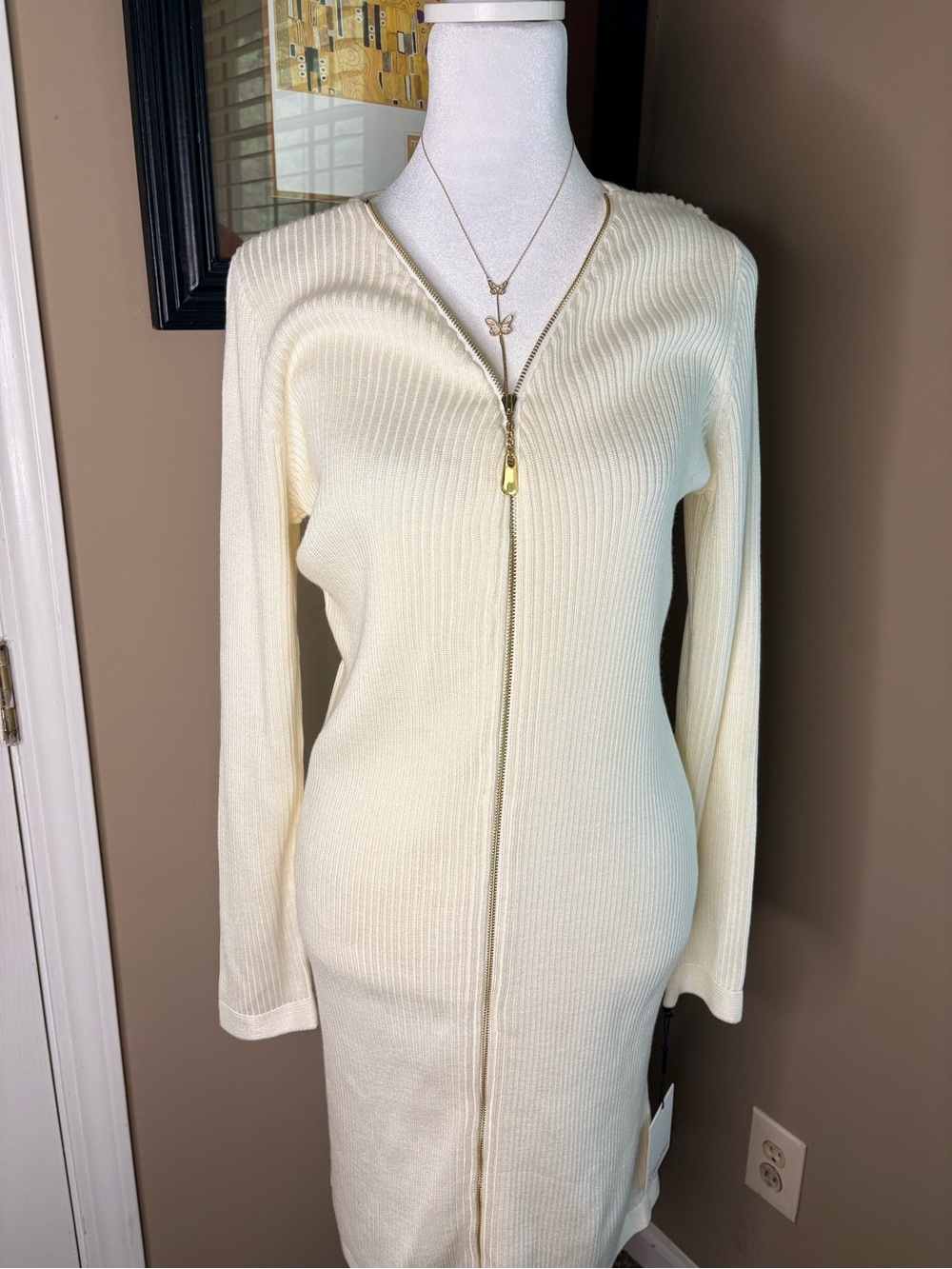 Calvin Klein Cream Zip-Front Ribbed Knit Dress